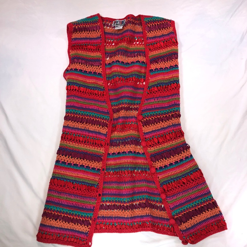 Pictures Vintage Crochet Knit Long Vest Multi Color Ribbon Stripe Boho Medium